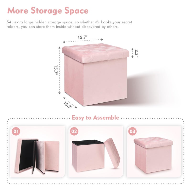 B FSOBEIIALEO Storage Ottoman Cube, Velvet Tufted Folding Ottomans with Lid, Footstool Rest Padded Seat for Bedroom (Pink, Medium) - Image 5